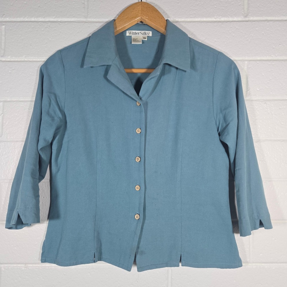 WinterSilks Silk‎ Classic Button Down Shirt Womens PM Blue 3/4 Sleeve Blouse